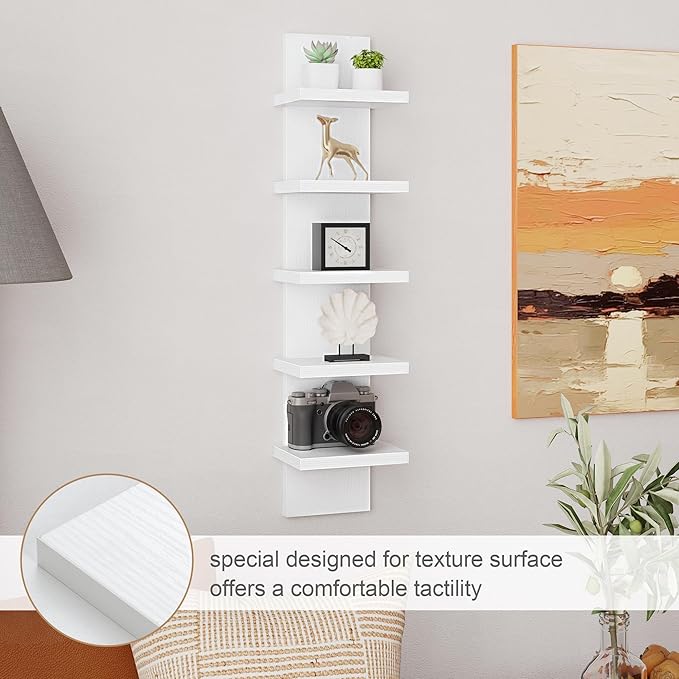 Fun Memories 5 Tier Wall Shelf Unit, White Floating Shelves for Storage - Vertical Column Tower Design, Lack Wall Shelf Space Saving Organizer for Bedroom, Living Room, Home Decor