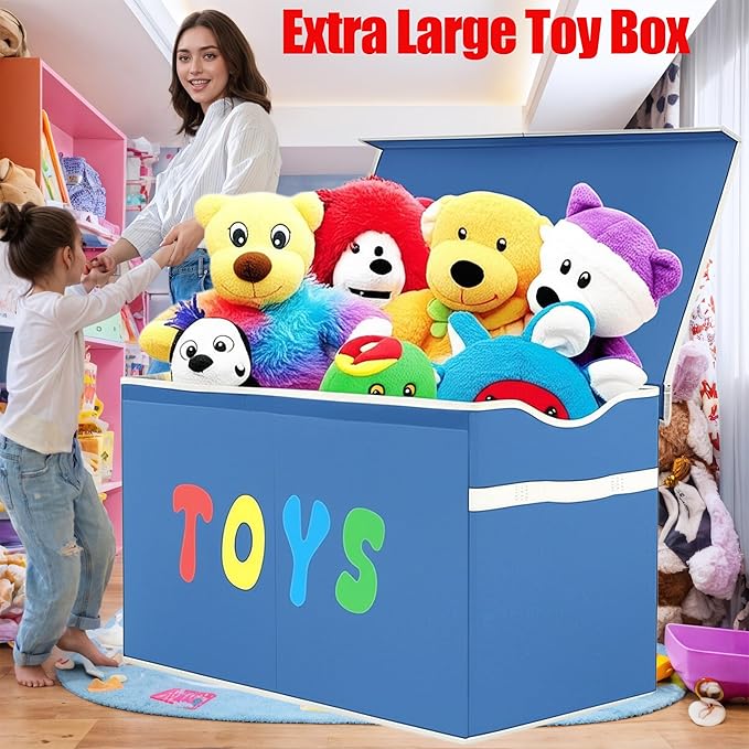 YOLOXO Toy Box Chest, Collapsible Sturdy Storage Bins with Lids, Extra Large Kids Toy Storage Organizer Boxes Bins Baskets for Kids, Boys, Girls, Nursery Room, Playroom, Closet (Classical Blue)