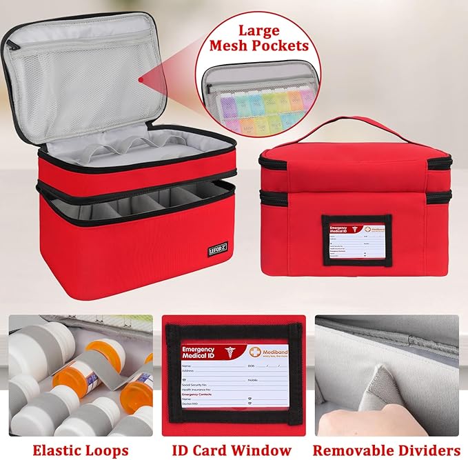 LEFOR·Z Medicine Storage Bag,Double Layers Pill Bottle Organizer Bag Empty with Lockable Zipper&Adjustable Divider,Medication Travel Carrying Bag for Pills,Vitamins,Medical Supplies,Red