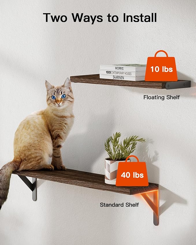 AMADA HOMEFURNISHING Long Wall Shelves, Rustic Farmhouse Style, Wood Floating Shelves for Wall Decor, Bathroom & Bedroom Storage, Living Room Book Shelves, Brown - 6pcs