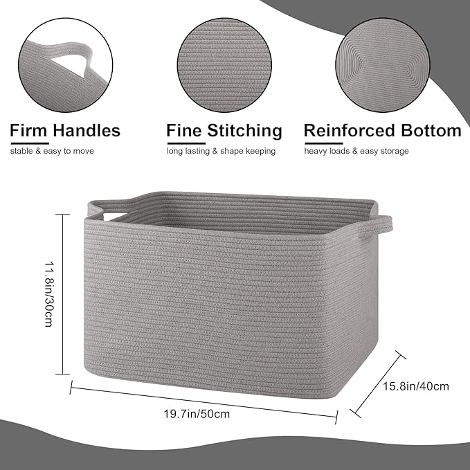OIASKET Large Blanket Basket, Blanket Storage Living Room, Rectangle Woven Baskets for Storage Toys, Towels, Dirty Clothes Organizer Bins (Light Grey)