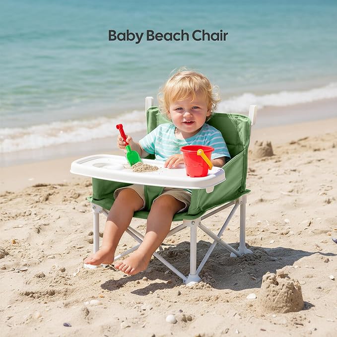 Cochildor 4-in-1 Portable Baby Chair, Foldable Toddler Booster Seat with Removable Tray, Canopy & Safety Harness, Green