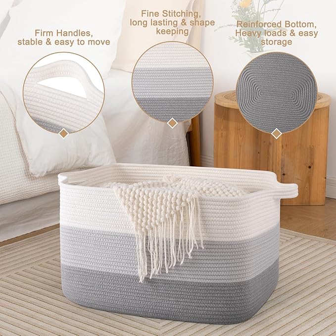SIXDOVE 65L Large Storage Basket, Cotton Rope Woven Blanket Basket, Toy Storage for Baby Room, Living Room, Gradient Grey