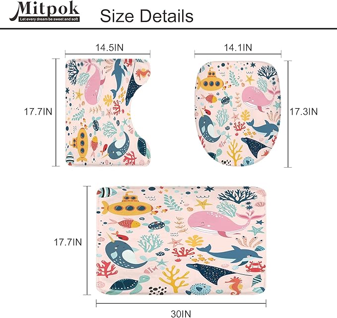4 PCS Pink Kids Bathroom Set Summer Ocean 72Wx72H Shower Curtain Set Bath Rug Toilet Lid Cover, Nonslip U Shape Mat Whale Funny Cartoon Cute Animal Accessories 12 Hooks Bathroom Decor