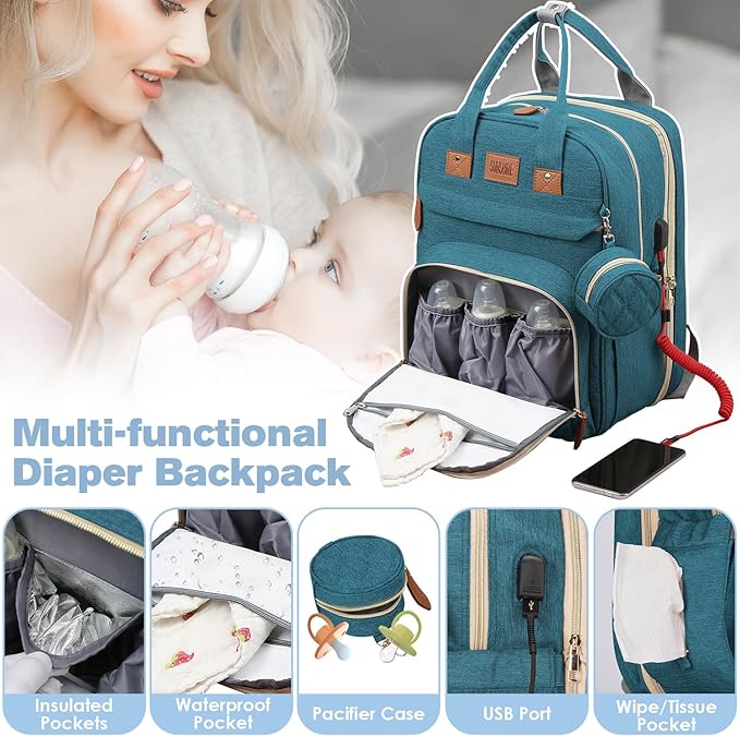 JSTPRO Diaper Bag Backpack, Large Diaper Bag with Changing Station, Baby Bag, New Mom Gifts, Lightweight Waterproof Unisex Diaper Bag with Insulated Pockets and USB Charging Port, Cyan