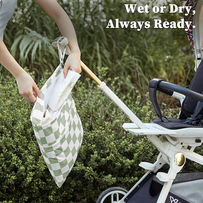 Ohocut Sage Green Checkered Waterproof Wet Dy Diaper Bag for Baby Essentials, Travel, Swimsuit, Beach Bag Accessories, Aesthetic Trendy Cute Toddler Baby Cloth Bag Pouch, Pack of 2
