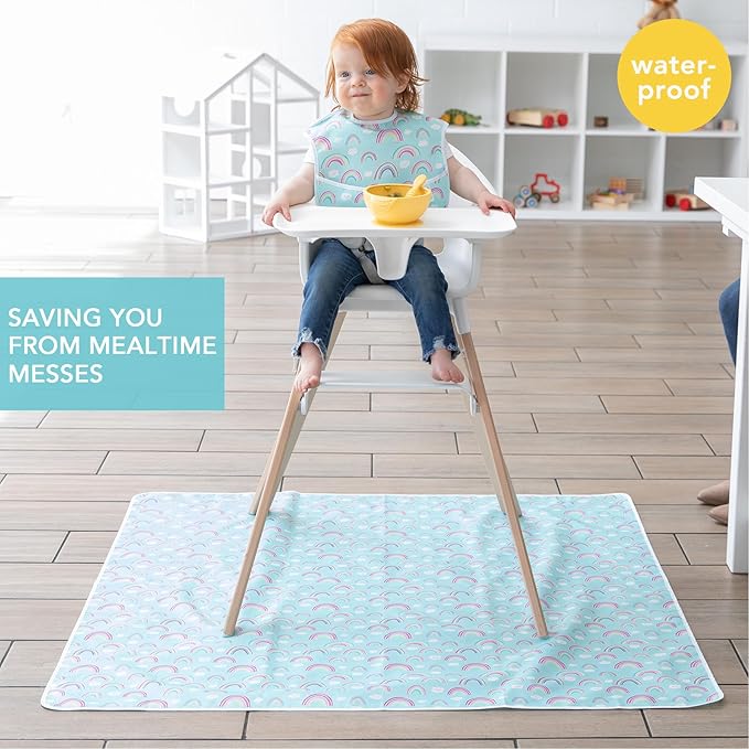 Bumkins Baby Splat Mat - Under High Chair Mess Mat for Kids, Waterproof Reusable Fabric, Arts & Crafts, Playtime, 42inx42in, Rainbow Blue