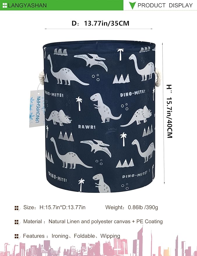 LANGYASHAN Laundry Basket Canvas Collapsible Organizer Storage Basket for Boys Girls Laundry Hamper Toy Bins Gift Baskets Bedroom Clothes Children Nursery (Blue Dinosaur)