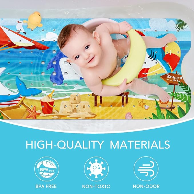 SHUCHING Baby Bath Mat for Tub Non Slip-40 X 16 Inch, Bathtub Mat Non Slip for Kids, Toddler Long Shower Mat for Bathroom, Shark