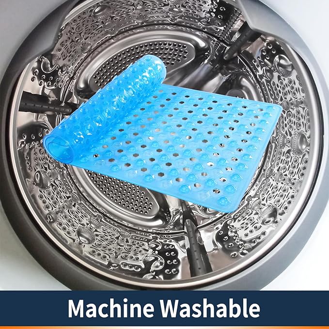 Yimobra Bathtub Mat Non Slip, 27.5"x15.5" Machine Washable Shower Floor Mat, Soft on Feet, Bathmat with Drain Holes and Suction Cups, Bathroom Essentials, Clear Blue