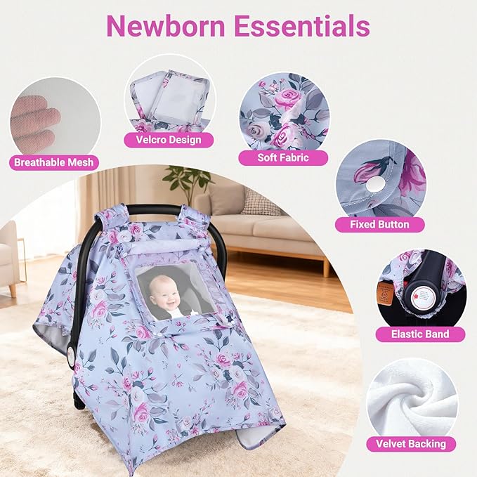 Car Seat Cover Baby, Carseat Covers Baby with 2 Layers Breathable Windows, Windproof Infant Car Seat Cover, Kick-Proof Baby Carrier Cover for Baby Girl Newborn Essentials