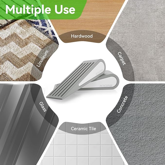 4 Pack Rubber Door Stopper Wedge - Grey Non-Slip Soft TPR High-Elastic & Zinc Alloy Metal Material Door Stops for Bottom of Heavy Duty Door Wall Protector for Home & School with Self Adhesive Holder