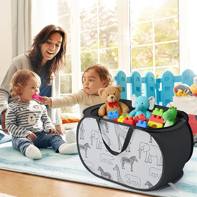 Seefoo Cute Storage Basket with Zipper Lid, Collapsible Toy Basket with Handles - Foldable, Lightweight Sturdy Fabric Animal Print Toy Bin for Kids Room, Boys/Girls Room, Playroom, Bedroom, Black