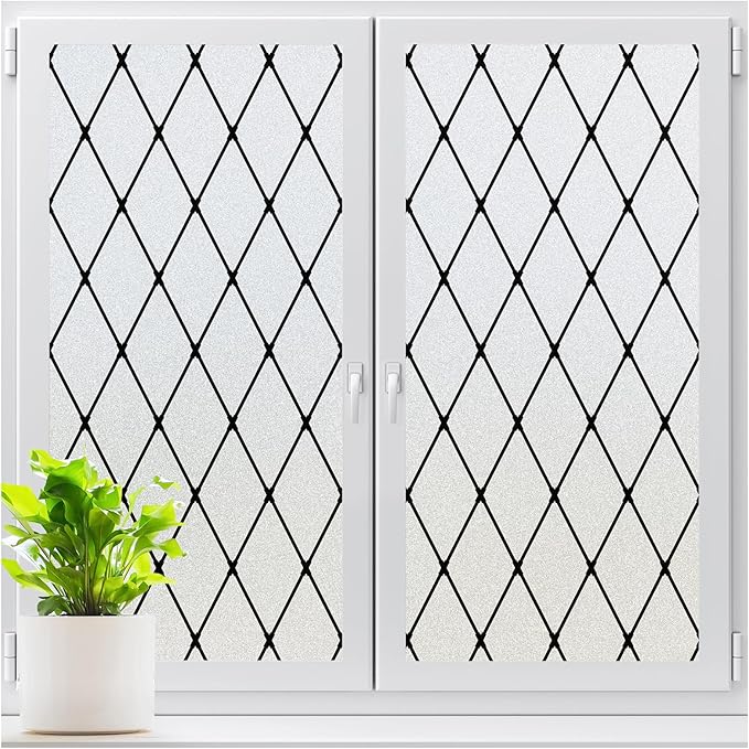 LUTE Frosted Window Privacy Film, Static Cling UV Sun Blocking Heat Control Window Cover, Removable Non-Adhesive Glass Sticker Vinyl Decorative Bathroom Frosting Decals, Black Lattice, 17.5" x 157.4"