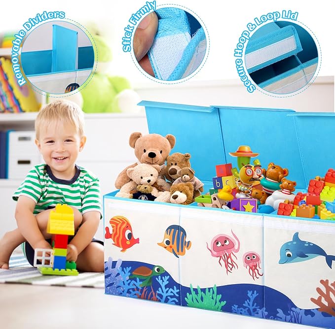 Dqoetort Extra Large Toy Box, Collapsible Storage Organizer with Lids, Sturdy Ocean Toy Chest for Boys Girls, 40"x14"x16" Kids Storage Bin Box Baskets for Living Room, Playroom, Bedroom, Nursery