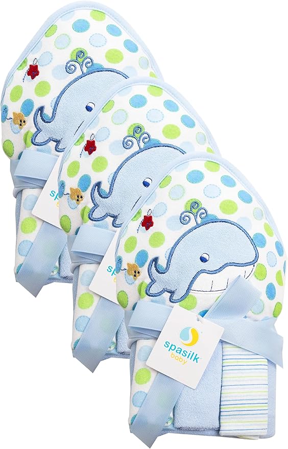 Spasilk Baby Bath Hooded Terry Towel with 3 Washcloths, Baby Bath Essentials, One Size, Blue Whale (Pack of 3)