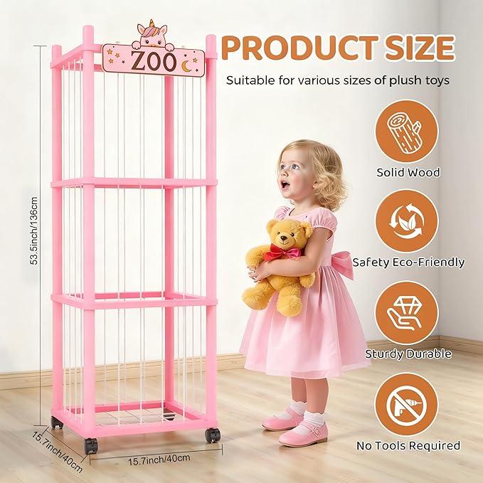 Stuffed Animal Storage Zoo Tower,56In Wooden Large Stuffed Animal Holder Organizer with Wheels,Stuffy Plushies Storage with Elastic Band&Mesh Bottom,Toy Organizers for Playroom Nursery（Pink）