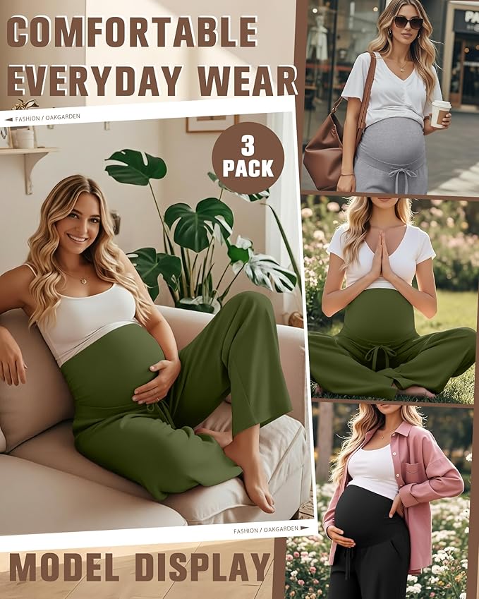 3 Pcs Maternity Sweatpants Over The Belly Pregnancy Straight Wide Leg Elastic Drawstring Pants Joggers with Pockets