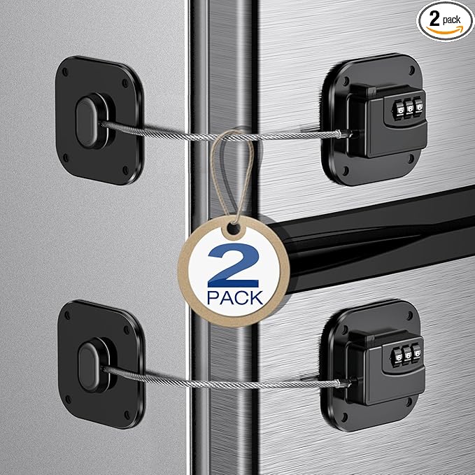 Fridge Refrigerator Lock with Combination, Heavy Duty Lock for Cabinet, Drawers, Closet, Safety Easy Install No Keys Needed (Black-2Pack)