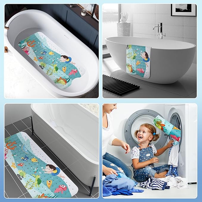 Baby Bath Mat for Tub Non Slip Kids Bathtub Mat Extra Long 40X16 Inch Toddler Bath Tub Shower Mat Anti Slip with Suction Cups & Drain Holes, Machine Washable,Seaworld