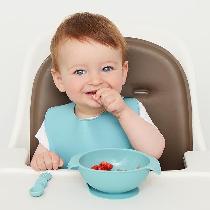 PrimaStella Unbreakable Silicone Non-Slip Bowl and Chew Spoon Set for Babies and Toddlers (Blue)