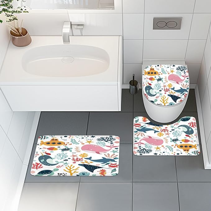 4 PCS Kids Shower Curtain Set 72Wx72H Kid Toddler Bathroom Set Summer Ocean Fish Cute Whale Funny Underwater Bath Rug Toilet Lid Cover U Shape Mat Accessories 12 Hooks Bathroom Decors