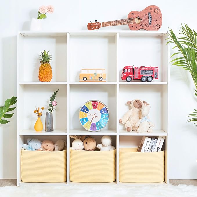 MINTWOOD Design 3-Pack Decorative Woven Storage Baskets for Shelves, Cube Bin Box for Organizing Books, Shoes, Dog Toys, Pantry Closet and Living Room Organizer, Yellow
