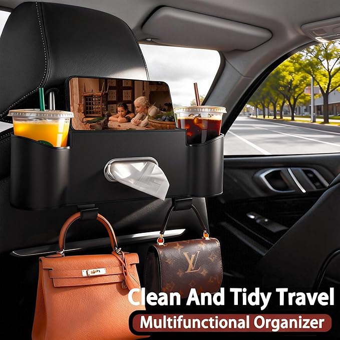 Car Backseat Organizer for Kids & Travelers - 4 in 1 Multifunctional Car Seat Back Storage with Cup Holder, Tissue Box, Snack/Handbag Holder - Nappa Leather Universal Fit for SUV/Van/Sedan (Black)
