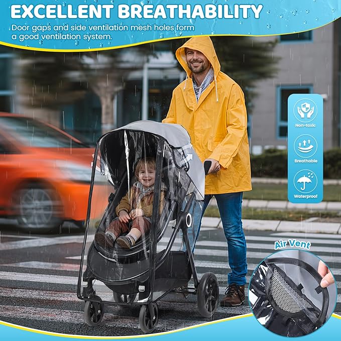 Clear Stroller Rain Cover, Universal Rain Cover for Stroller, Waterproof Travel Weather Shield with Breathable Ventilation and Easy Access, Thick EVA & PVC Protect from Dust and Snow