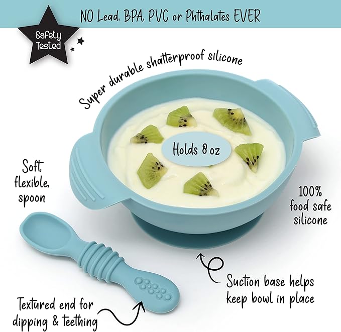 PrimaStella Unbreakable Silicone Non-Slip Bowl and Chew Spoon Set for Babies and Toddlers (Blue)