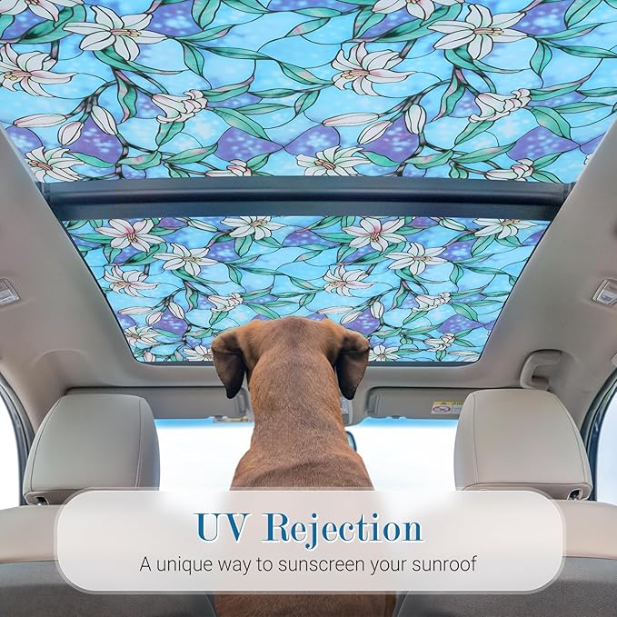 rabbitgoo Stained Glass Window Film, Anti UV Heat Blocking Privacy Film for Glass Window Door Covering, Static Cling Removable Decorative Privacy Sticker for Bathroom, Blue Lily, 17.5 x 118.1 Inches