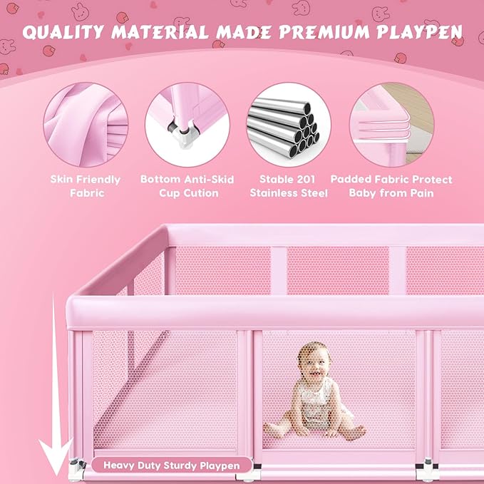Fshibila 74" ×50" Large Baby Playpen, Baby Playard for Babies and Toddlers, Play Pens for Indoor & Outdoor, Sturdy Safety Play Yard with Soft Breathable Mesh, Anti-Fall, Pink