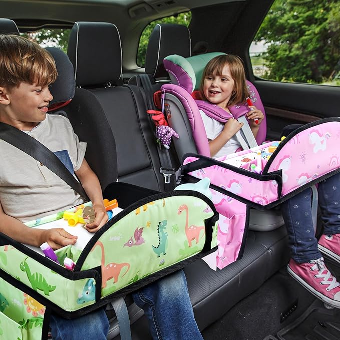 Kids Travel Tray for Toddler Car Seat, Road Trip Activities for Kids with iPad Holder Stand & Dry Erase Board, Road Trip Essentials Accessories Lap Tray as Travel Gifts for Kid, 2PC