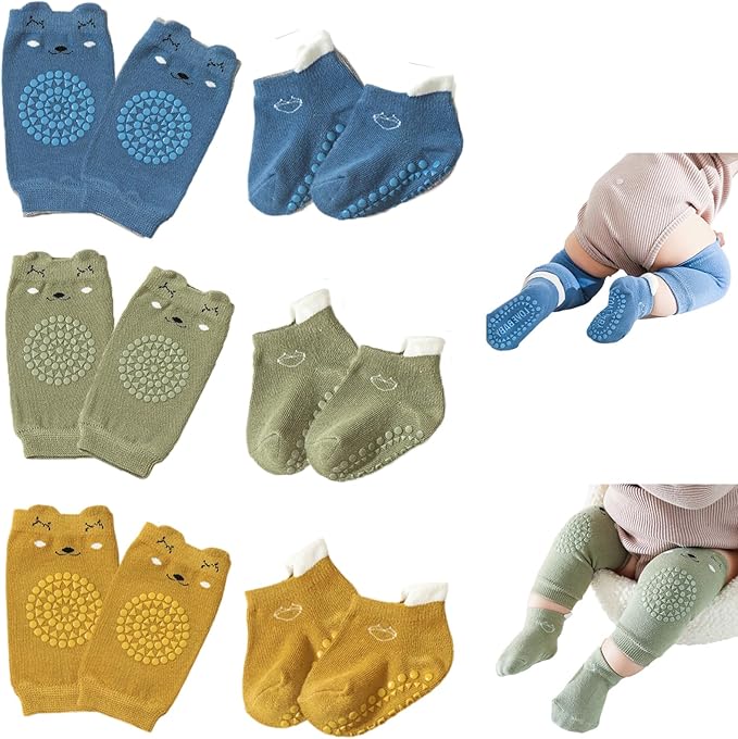 Feidoog Baby Crawling Knee Pads with Anti-Slip Elastic 3 Pairs Knee Pads and 3 Pairs Socks Set,Infant Kneepads for Crawling