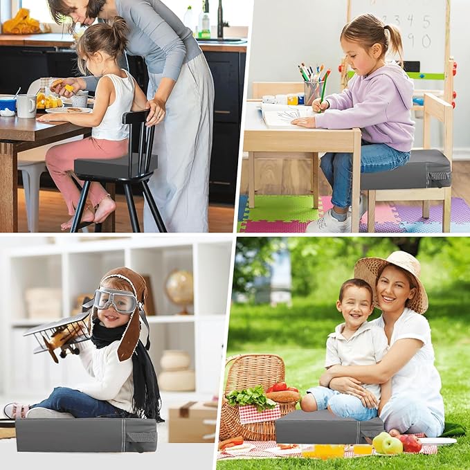 Toddler Booster Seat for Dining Table, Washable Thick Strong Support Portable Booster Chair for Toddlers Eating, Easy Cleaning Booster Seat Cushion Detachable with Adjustable Straps (Dark Grey)