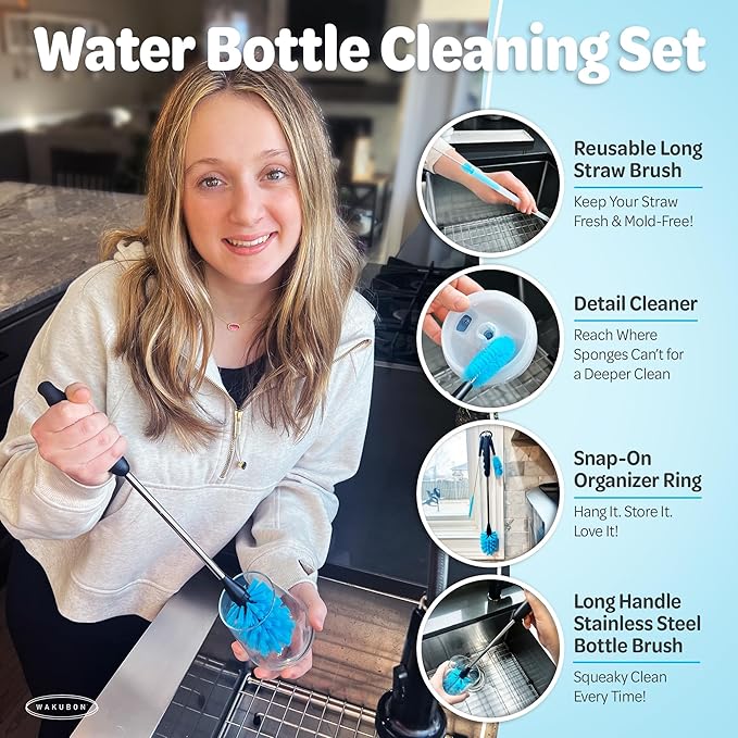 WAKUBON Bottle Drying Rack for Kitchen Countertop - Two-Tier for Water Bottles and Tumblers, Space-Saving Storage Stand with Drainage Tray, Includes Water Bottle Drying Rack Brush Cleaning Set (Black)