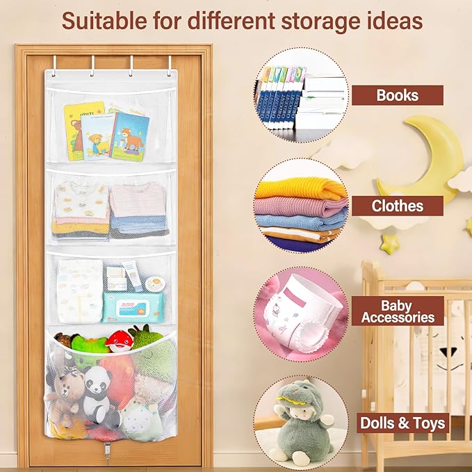 Woodoulogy Hanging Stuffed Animal Storage, Over Door Large Plush Toy Organizer with Metal Hook, Baby Accessory Holder Idea for Nursery, Doll & Bear Mesh Hammock Bag for Girl Boy Kid Room