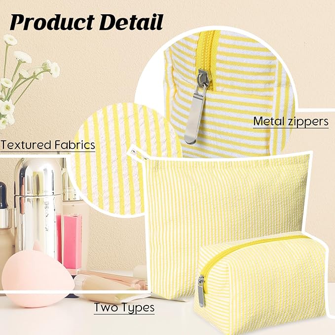 2 Pcs Makeup Bag Set Cute Cosmetic Pouch for Women Seersucker Travel Toiletry Bag Preppy Small Makeup Purse Pouch Aesthetic Skincare Brushes Storage Organizer for Valentine Women(Yellow)