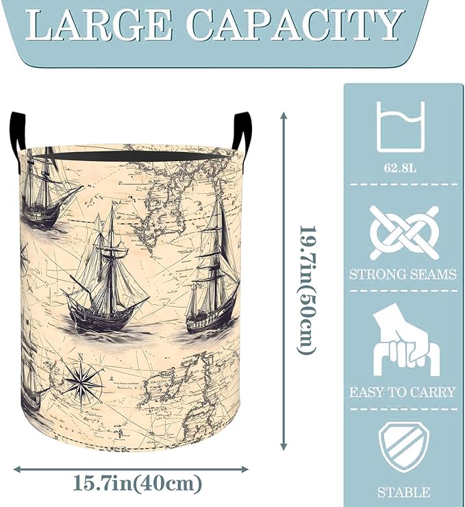 VODRM Vintage Nautical Ship Map Laundry Basket, Dirty Collapsible Clothes Toy Organizer Hamper for Kids Adults, Oxford Cloth Waterproof Storage Bin for Bedroom Bathroom Home Decor Gifts, 19.7"X15.7"