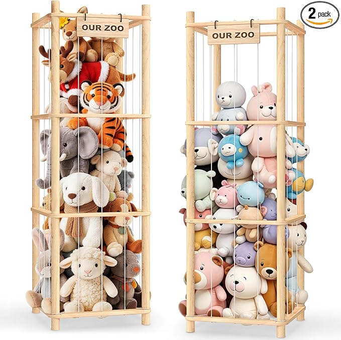 Woodure Stuffed Animal Storage & Organizer, Wooden Cute Zoo Toy Holder for Toddler Rooms, Playrooms & Bedrooms(2pcs)