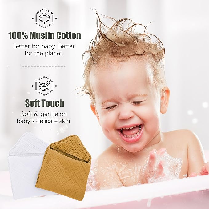 Spotted Play 2 Pack Hooded Baby Towels - 100% Muslin Cotton for Newborns, Infants, Toddlers - Large 32x32Inch Size - Highly Absorbent and Essential for Newborn Care, White and Honey