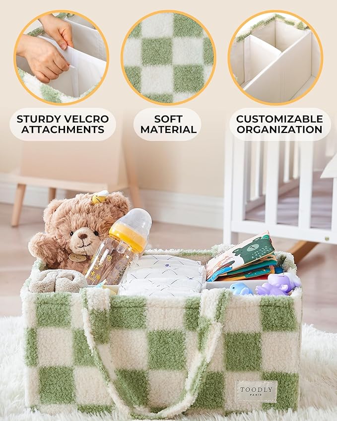 Toodly Checkered Diaper Caddy Organizer with Portable Changing Mat - Teddy Fleece Diaper Organizer for Changing Table - Caddy Organizer with Removable Dividers - Green and White
