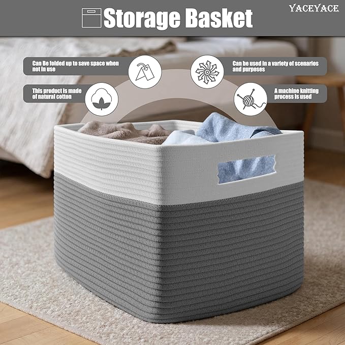 Large Blanket Basket with Handles, Big Woven Cotton Blanket for Living Room, Nursery, Big Bin Basket for Toy, Cloth, Storage, 22"x17"x12"