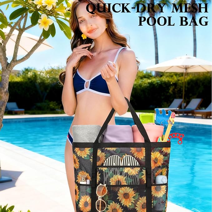 Mesh Beach Bag, Large Beach Tote with Zipper Pocket for Family Pool Bag for Toys & Vacation Essentials