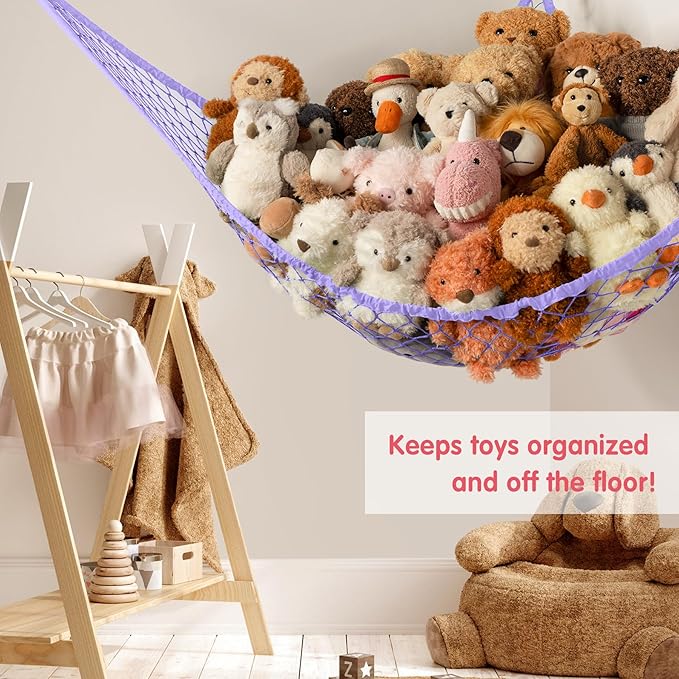 Stuffed Animal Storage Hammock Net Corner - Large Toy Hammock Net for Stuffed Animals Room Decor - Cute Stuff Animal Organizer Holder for Plush Plushie - Kids Baby Nursery Wall Bedroom Home Decor