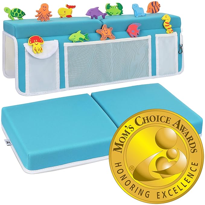 Supa Ant Baby Bath Kneeler and Elbow Rest Pad –Mom’s Choice Award Winner –US-Designed Extra Thick Bathtub Kneeling Pad with 8 Suction Cups, 5-Pocket Organizer, Non-Slip, Cushioned, Durable (Blue)