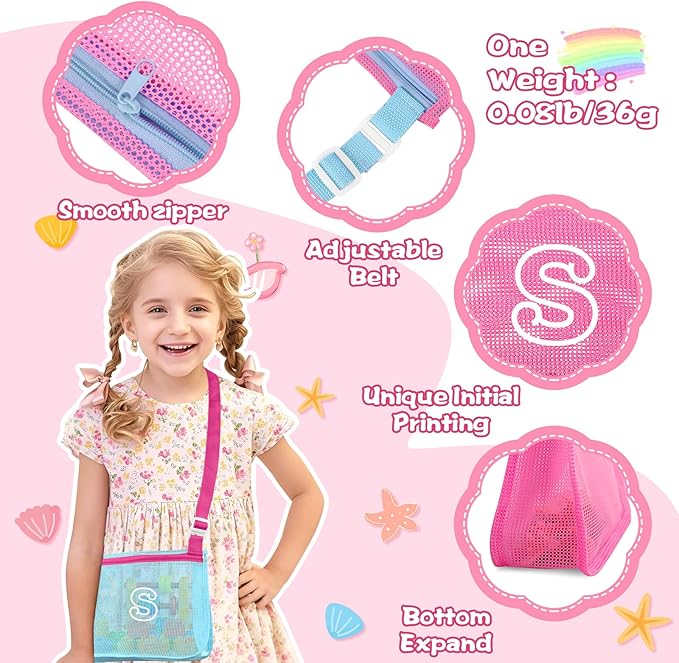 3Pcs Personalized Kids Beach Shell Bag, Initial Seashell Mesh Zipper Beach Pouch, Shell Collecting Bag for Holding Shells with Adjustable Straps, Sand Toys Swim Pouch Gift for Girl Boy Teens(Letter S)