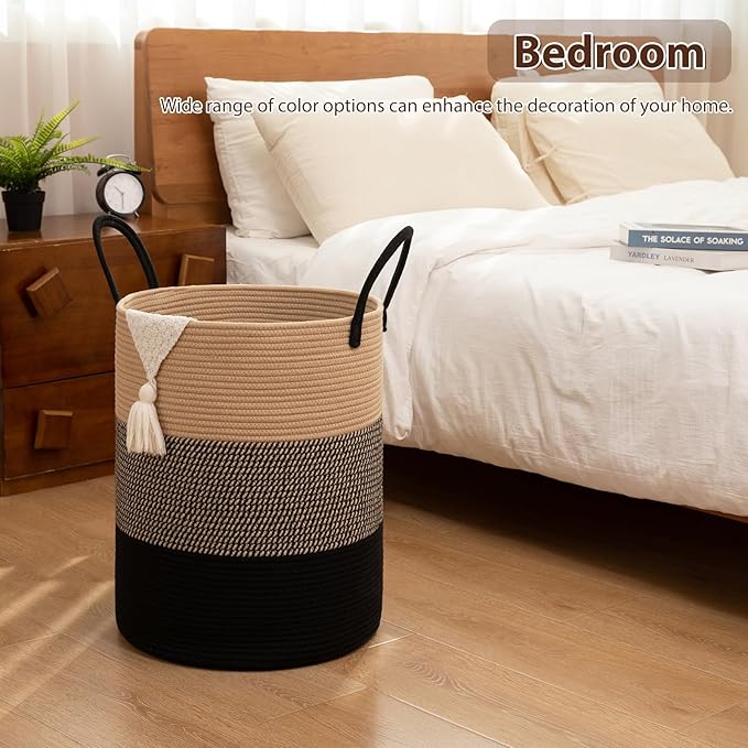 OIAHOMY Large Laundry Basket Hamper - 60L Cotton Rope Woven Basket for Blankets, Toys, Clothes - Tall Decorative Nursery Hamper with Long Handles, Yellow/Black