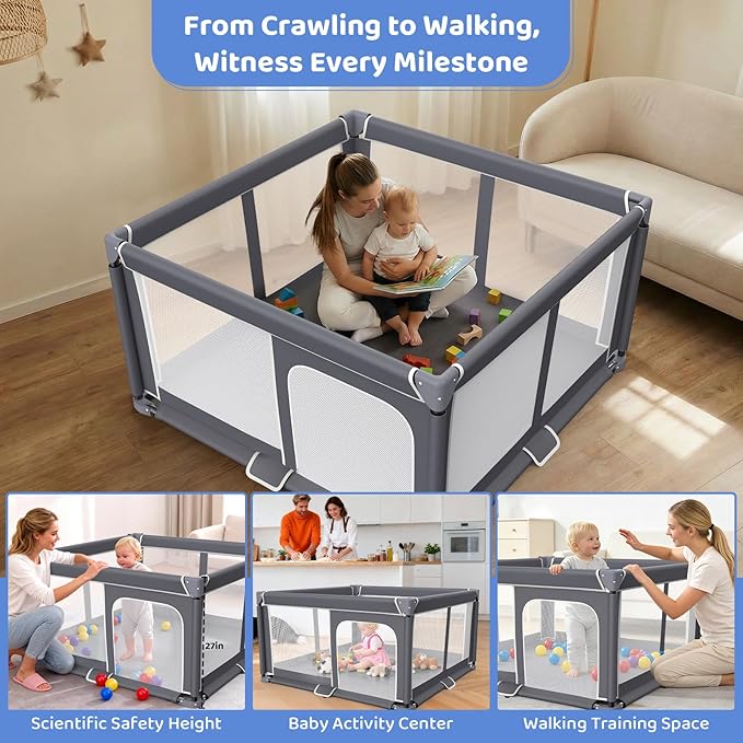 Foldable Baby Playpen - 50"x50" Safety Play Yard for Babies & Toddlers - Indoor & Outdoor Use with Carry Bag - Collapsible, Portable Play Yard, Dark Gray