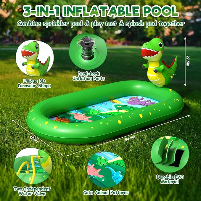 Splash Pad for Toddlers, 3-in-1 Dinosaur Inflatable Kiddie Pool Sprinkler for Kids, Baby Splash Pads Outdoor Play Mat, Backyard Summer Water Toys Birthday Gift for 1+ Year Old Girls Boys